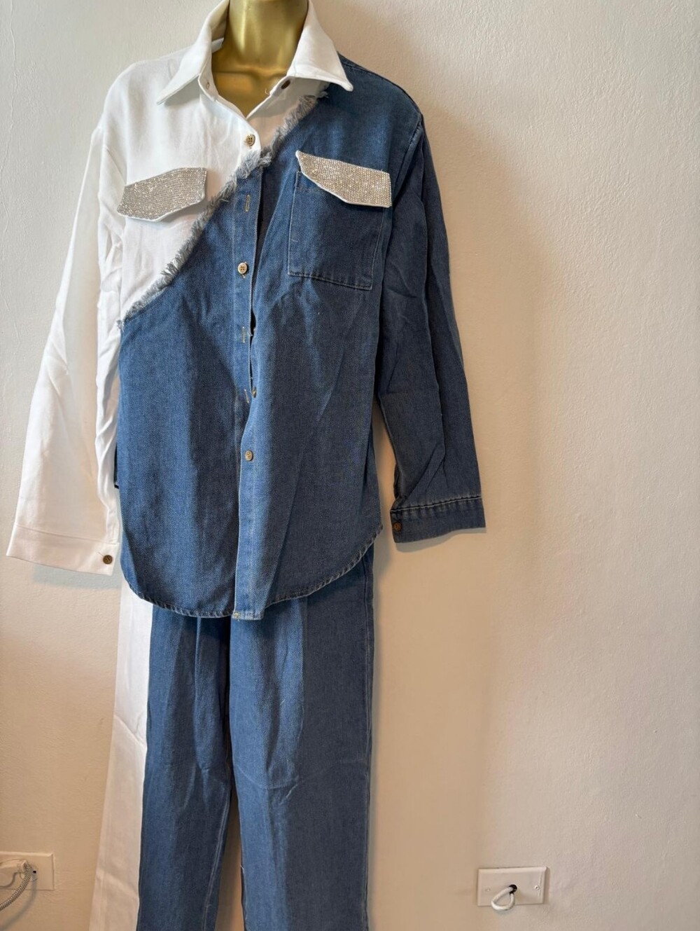 Two-Tone Denim and White Button-Up Set with Glitter Pocket Flaps